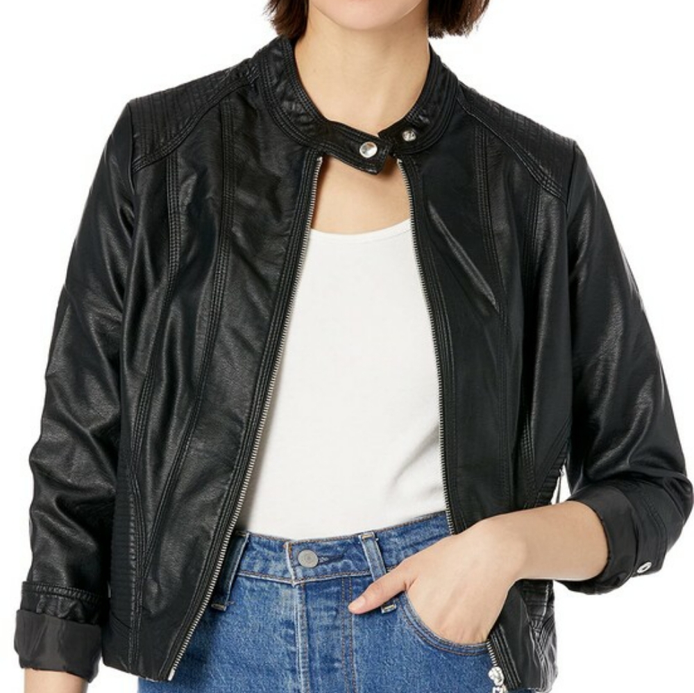 Jou Jou Vegan Leather Black Faux Leather Moto Jacket Size Medium